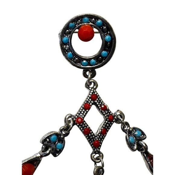 Southwestern Faux Turquoise & Coral Chandelier Brooch Silver-Tone 4 1/2" - Picture 4 of 6